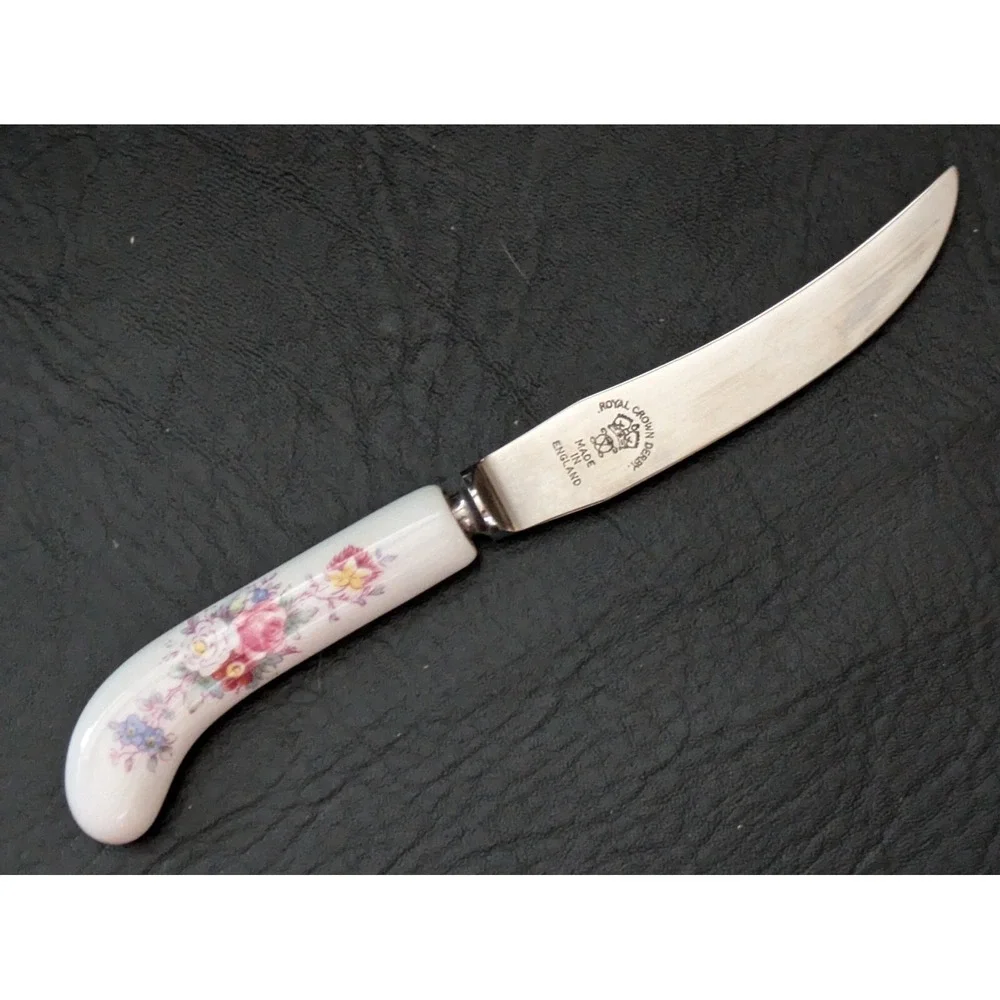 Set of 6 Royal Crown Derby Posies Knife Porcelain Handle 7 Inch Red Fitted Box